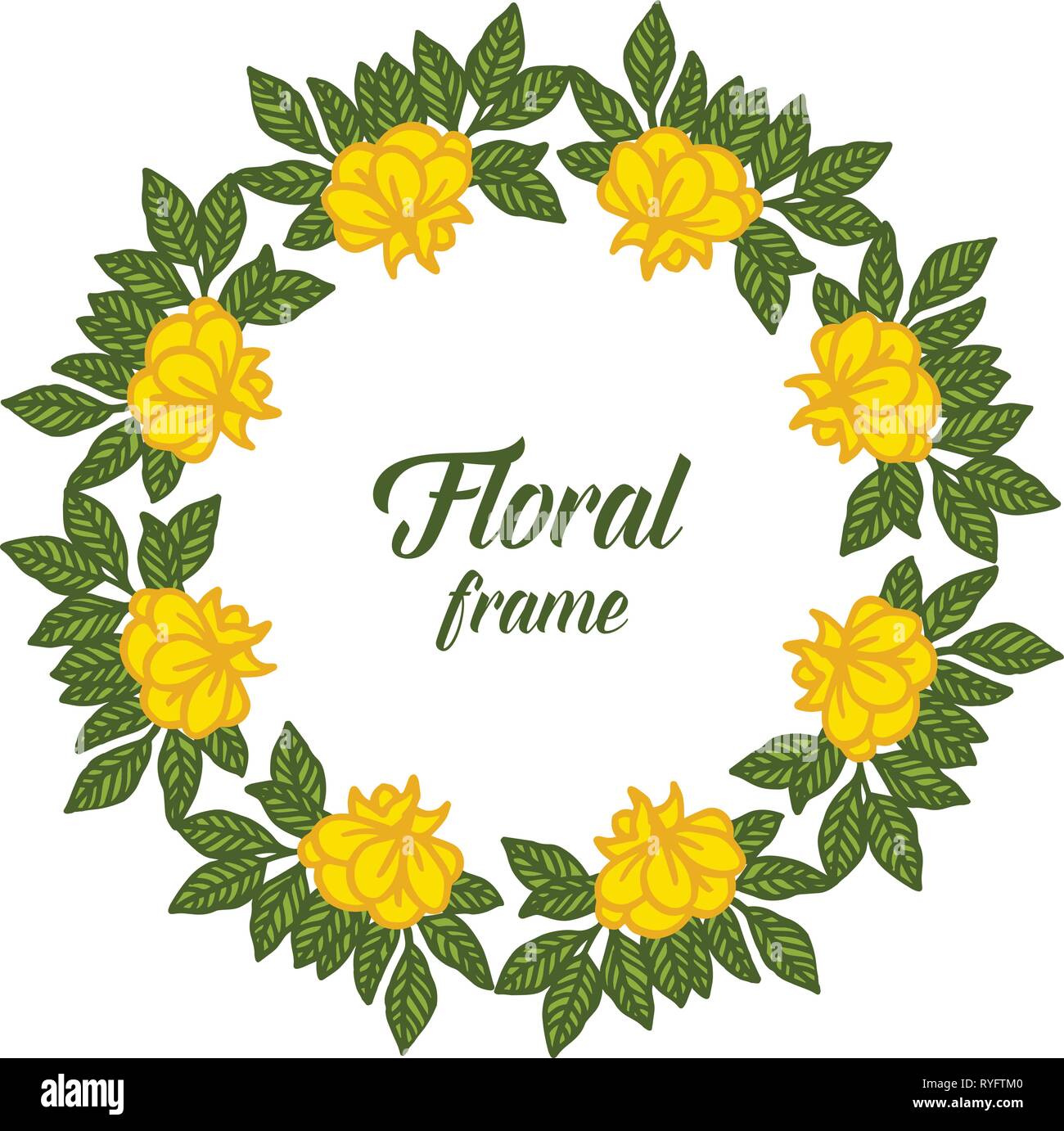 Vector illustration green leaf with yellow floral frame hand drawn ...