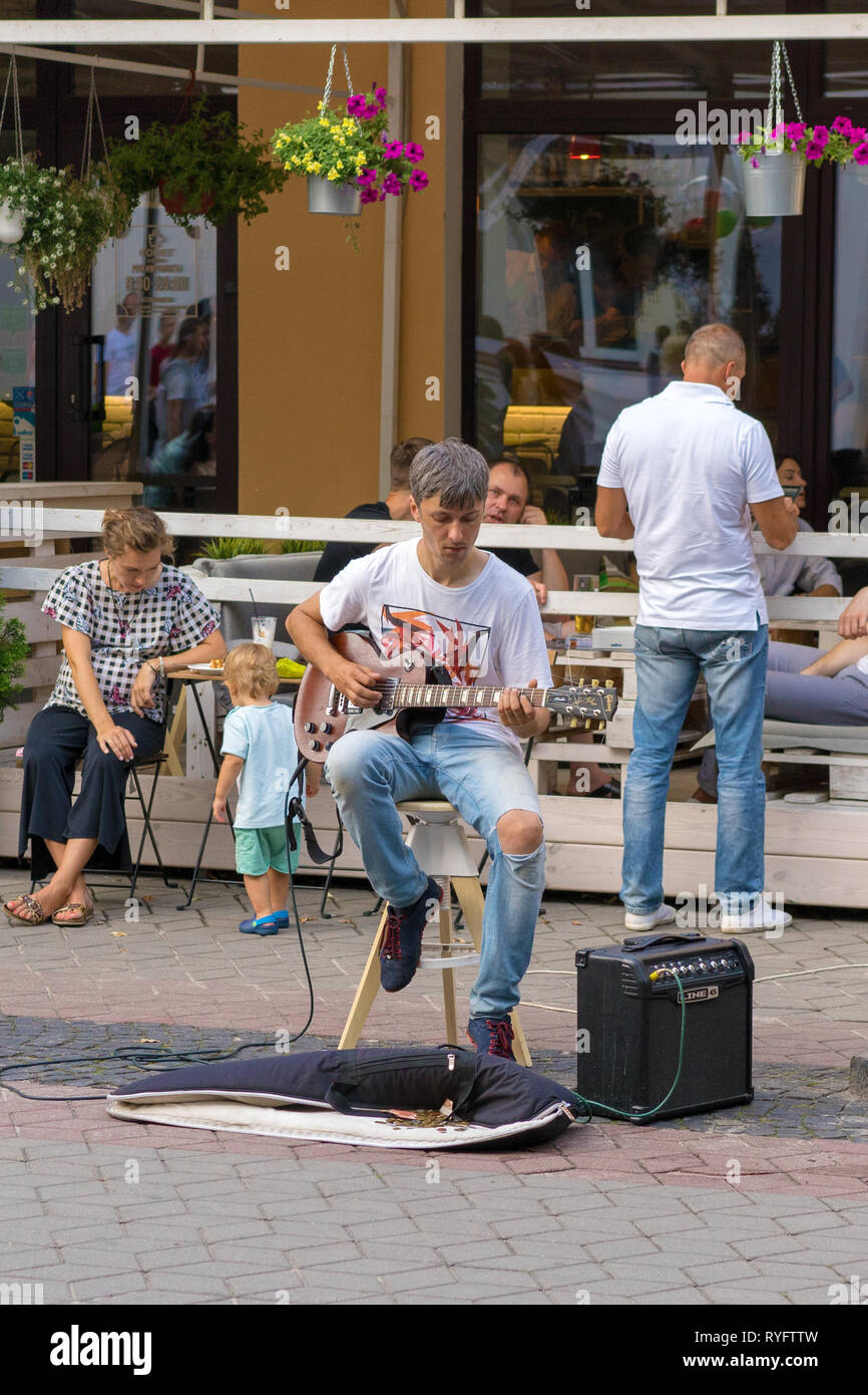 Brest, Belarus - July 28, 2018: Musicians work on the streets of the city Stock Photo