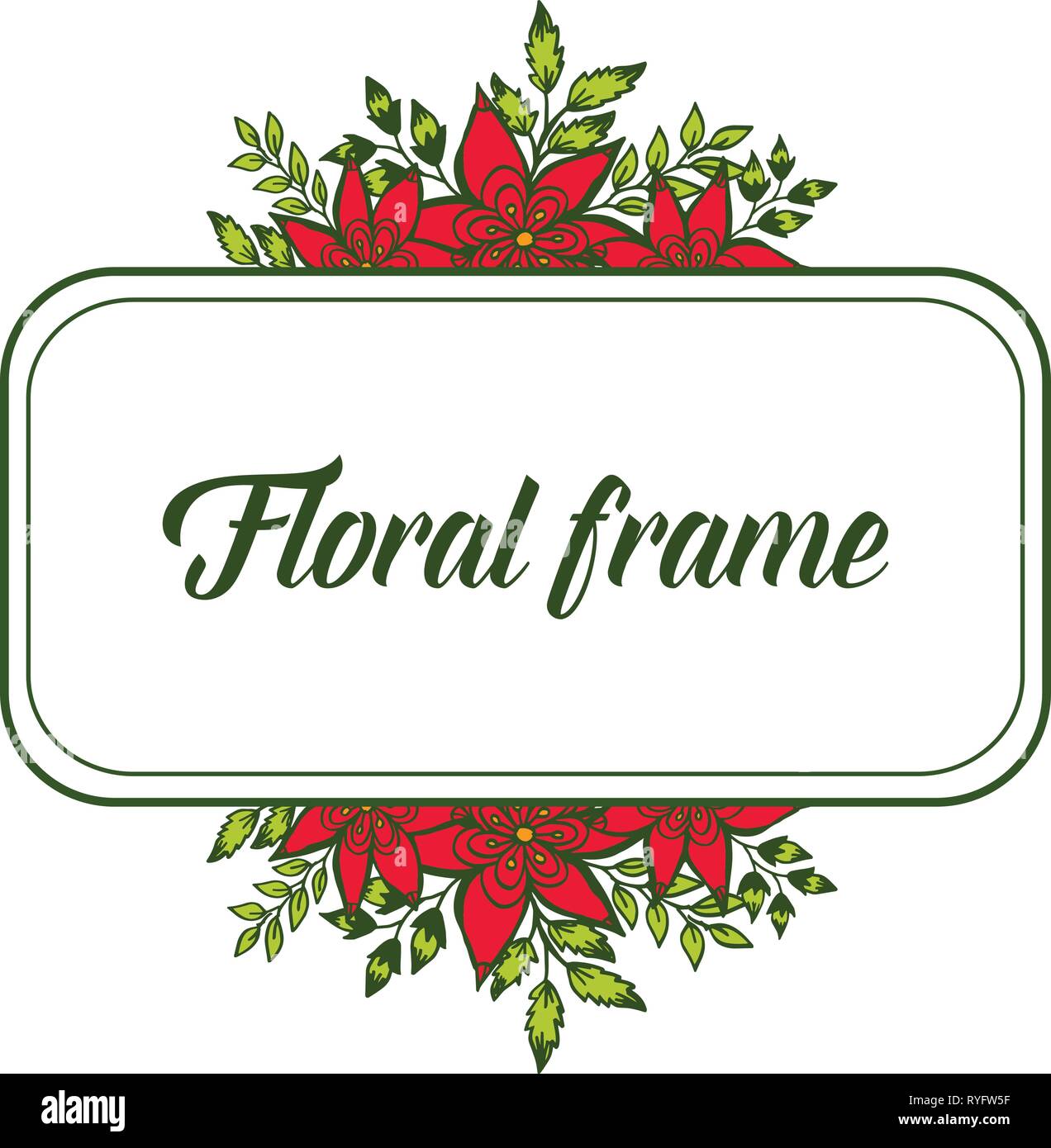 Vector illustration red floral frame blooms with green leaf hand drawn ...
