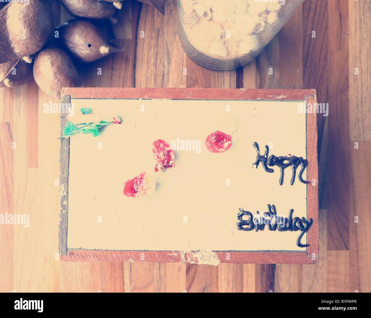 Happy birthday cake, dirty and empty Stock Photo - Alamy