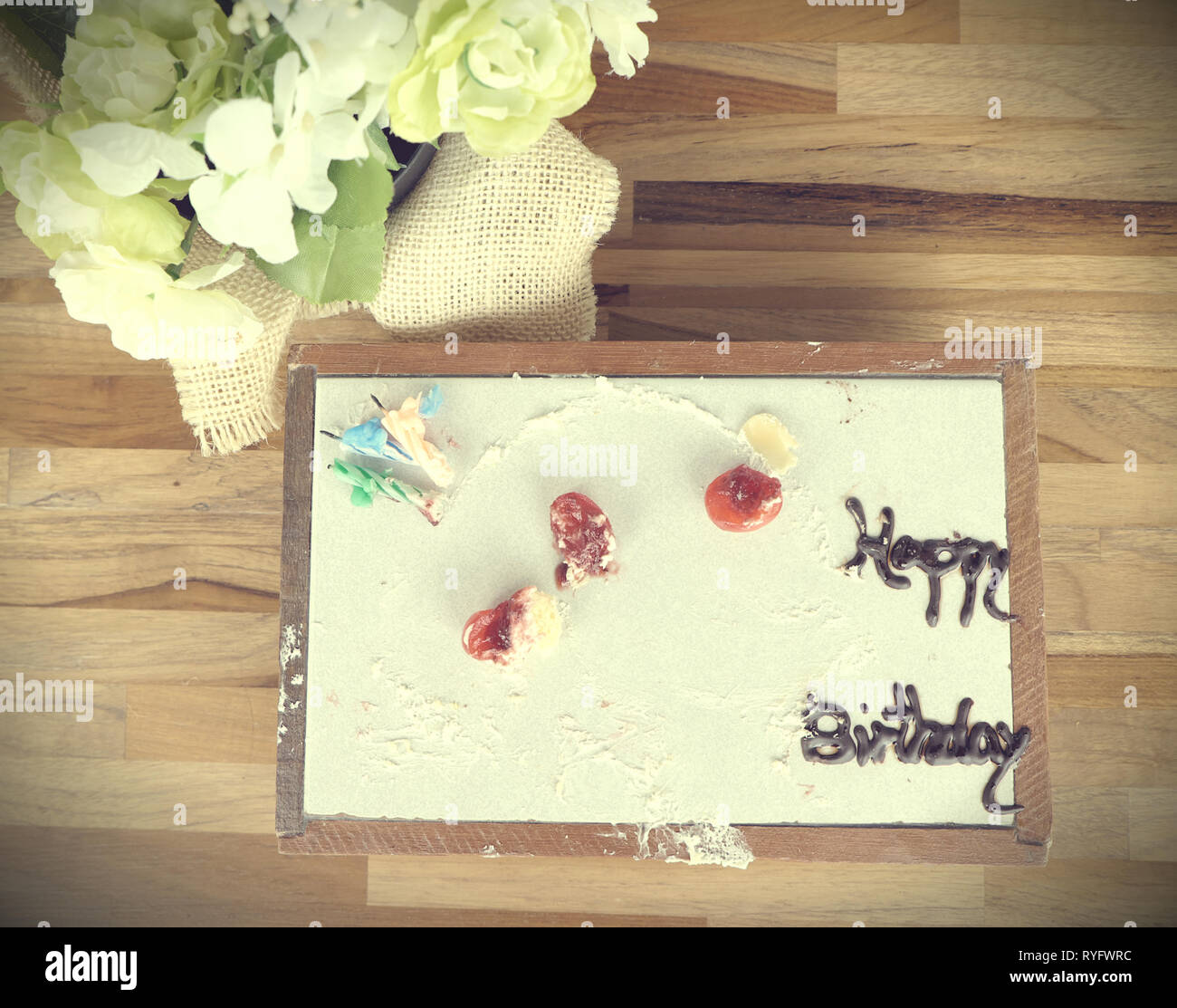 Happy birthday cake, dirty and empty Stock Photo - Alamy
