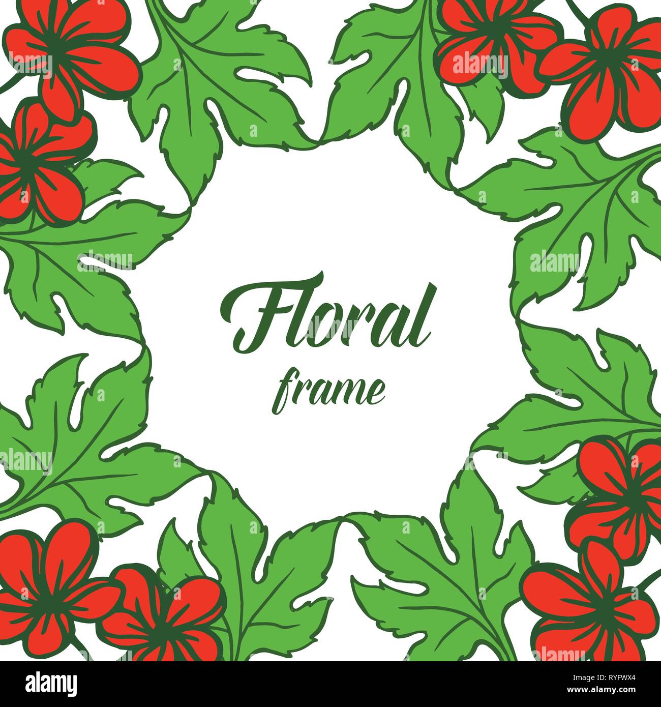 Vector illustration leaf green bloom with rose red floral frame hand ...