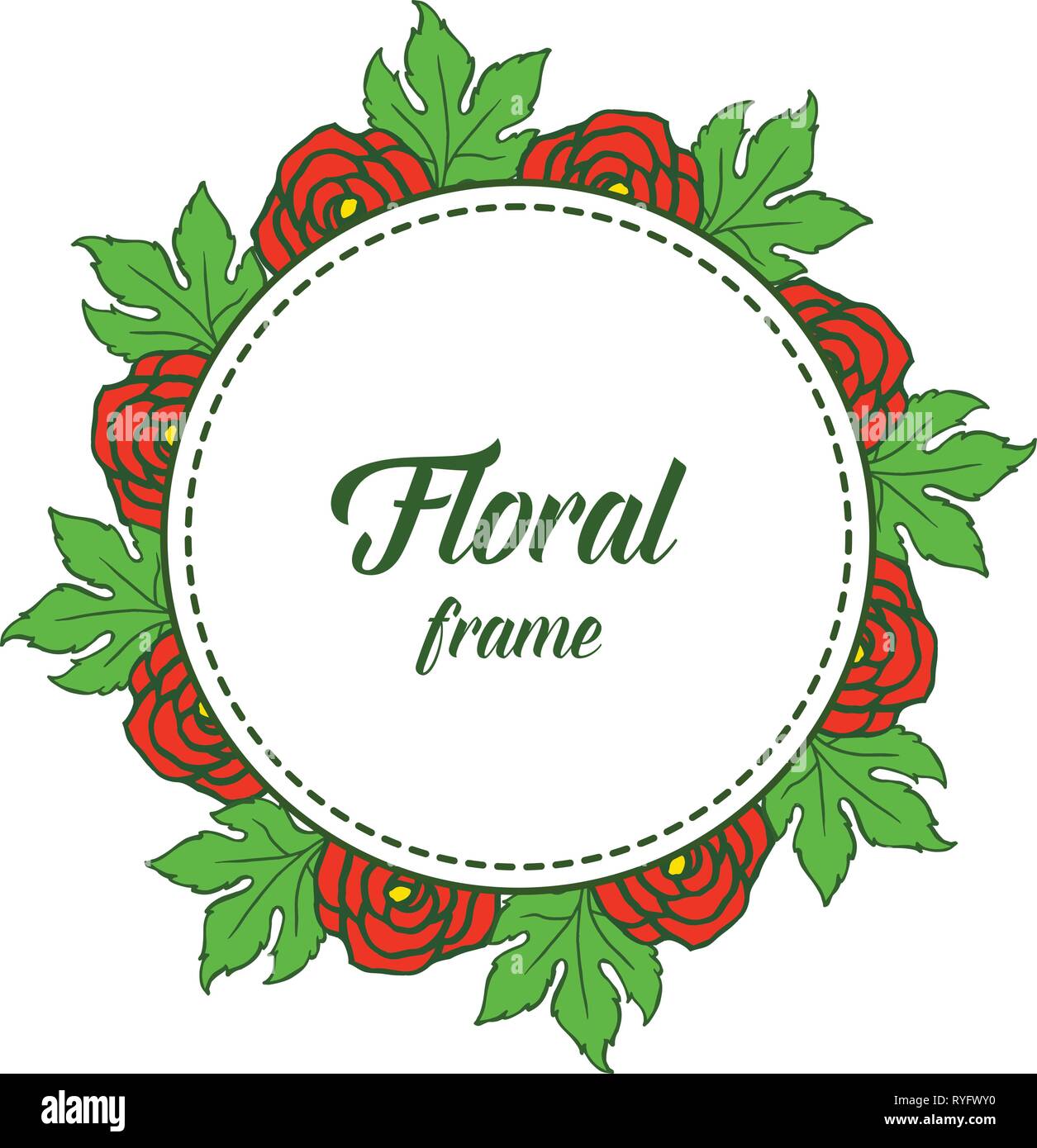 Vector illustration leaf green bloom with rose red floral frame hand ...
