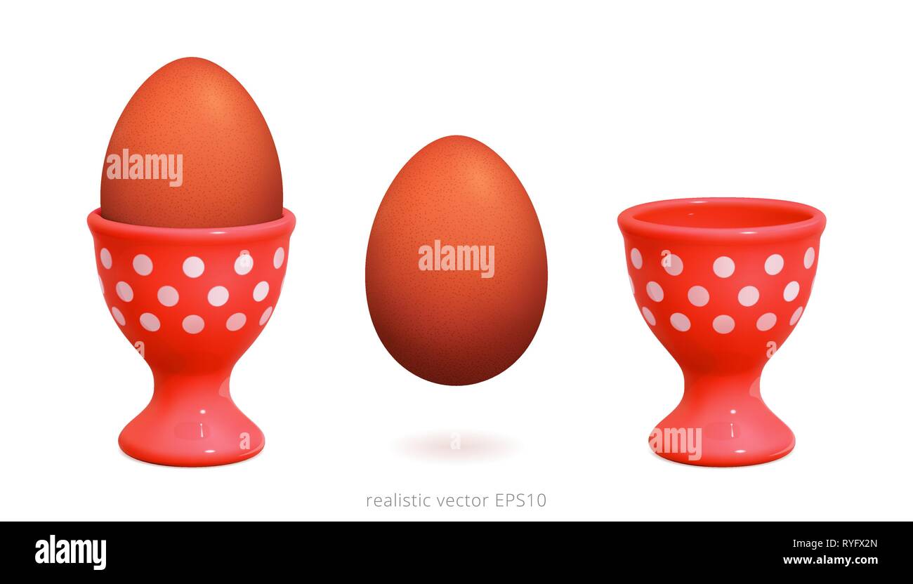 Red plastic egg cups decorated with white polka dot. 3d realistic image of vintage egg holder. Boiled brown chicken egg is over white background. Stock Vector