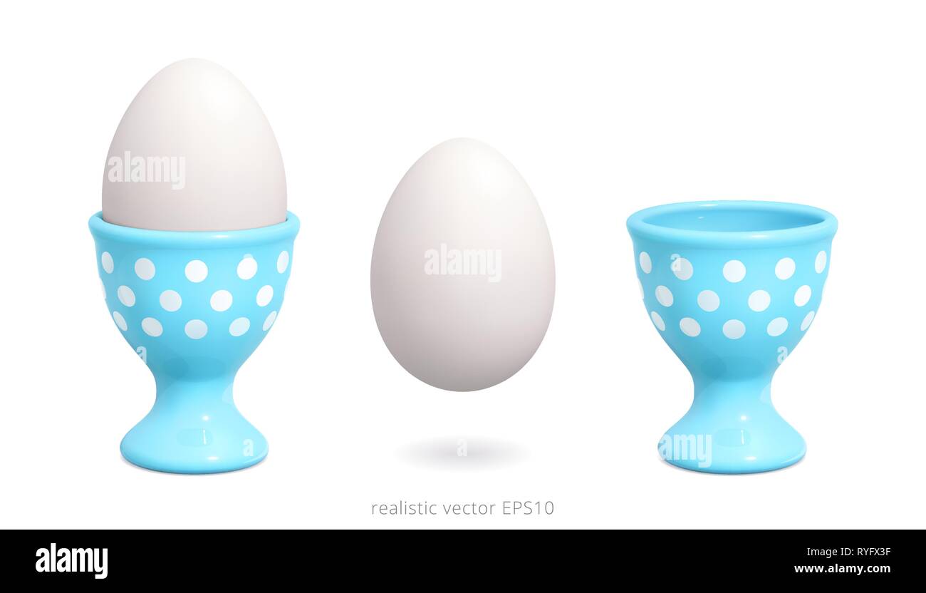 Beautiful blue egg cup decorated with white polka dot pattern. 3d realistic vector holders. Boiled white chicken egg is floating. Detailed clipart. Stock Vector