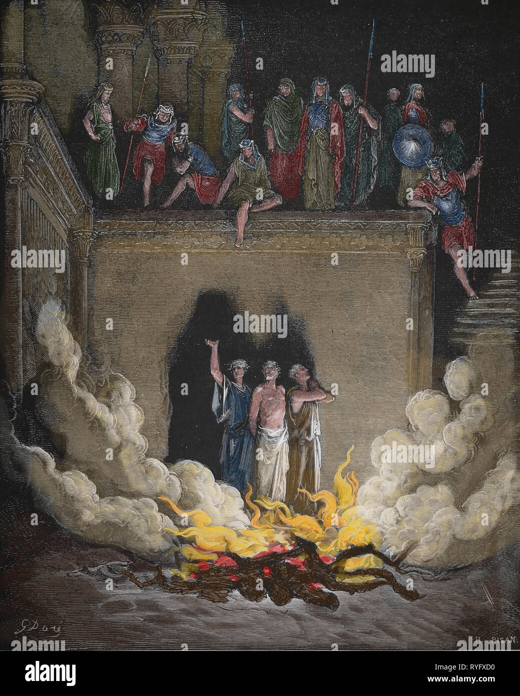 The Bible. The Prophets. Shadrach, Meshach and Abednego in the Furnace. Engraving by  Gustave Dore, 1866. Stock Photo