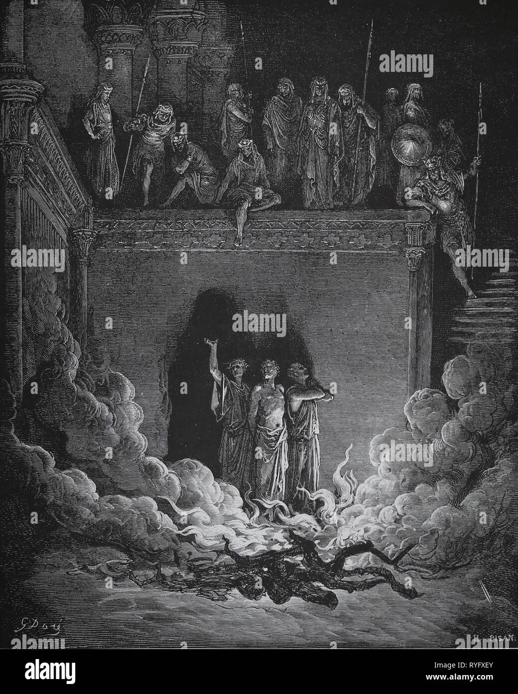 The Bible. The Prophets. Shadrach, Meshach and Abednego in the Furnace. Engraving by  Gustave Dore, 1866. Stock Photo