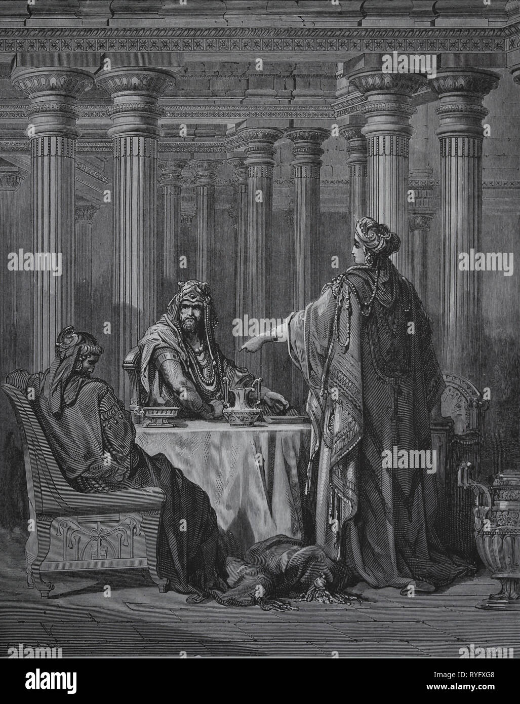 The Bible. Book of Esther. Esther accuses Haman. Engraving by Gustave Dore, 1866. Stock Photo