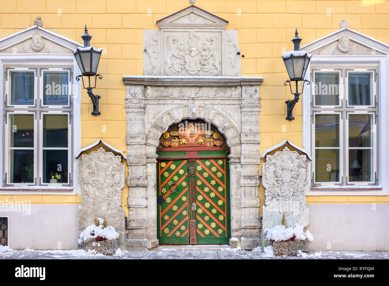Entrance to Blackheads brotherhood house in old town of Tallinn. Estonia, EU Stock Photo