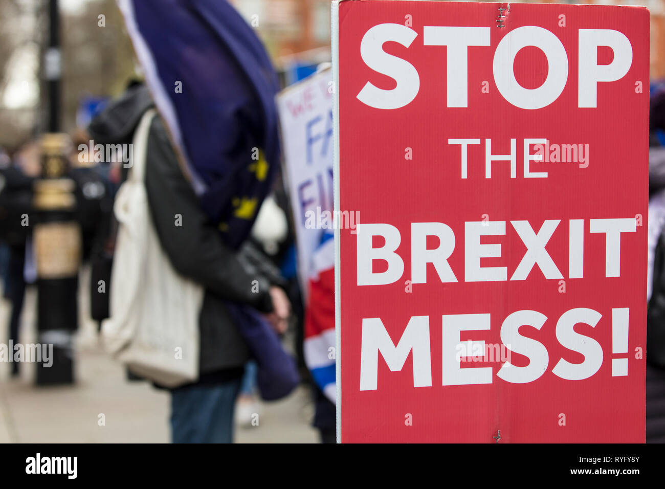 Anti brexit supporter banners in Westminster Stock Photo