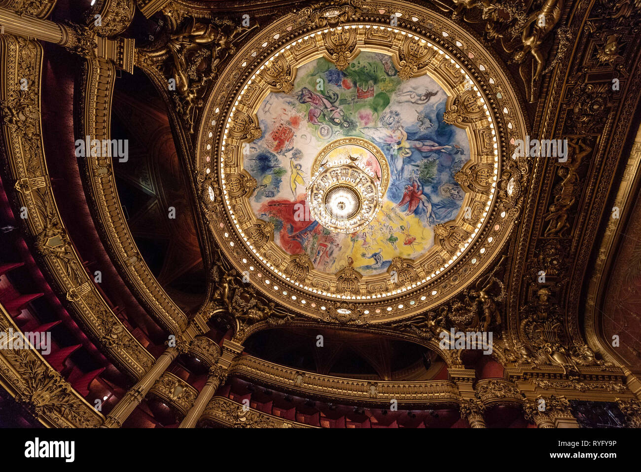 Paris (France): Palais Garnier (Opera Garnier). Ceiling created by Chagall. The building is classified as a National Historic Landmark (French 'Monume Stock Photo
