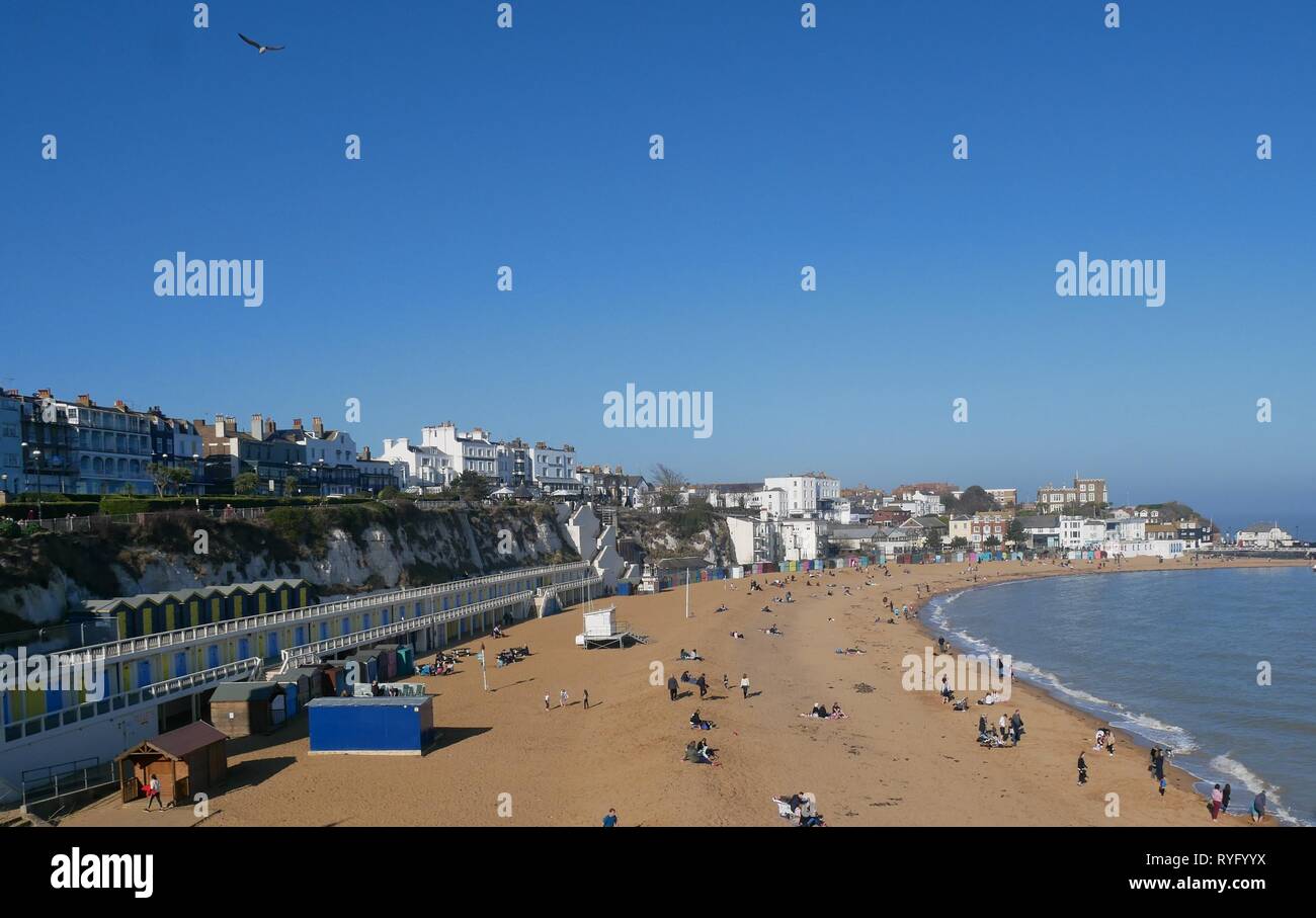 Viking Bay and Beach Huts with Bleak House, Broadstairs, Kent, England