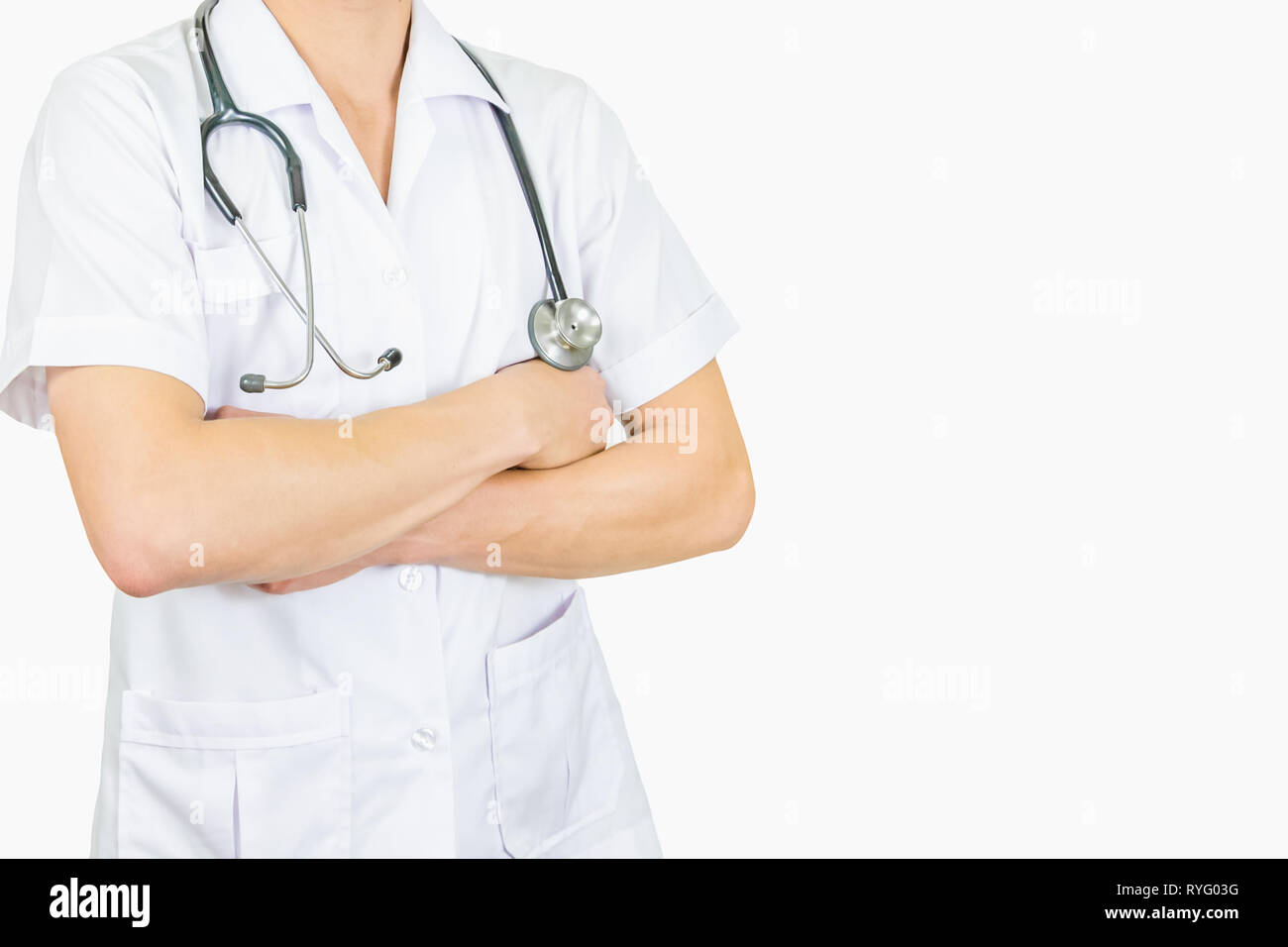 Close Asian doctors with tethoscope on a white background Stock Photo
