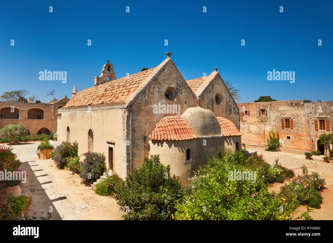 The main church of Arkadi Monastery from the altar side in Rethymno, Crete, Greece Stock Photo