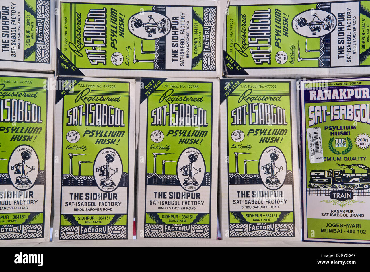 Packets of Indian SatIsabgol or Psyllium husk in a shop in India