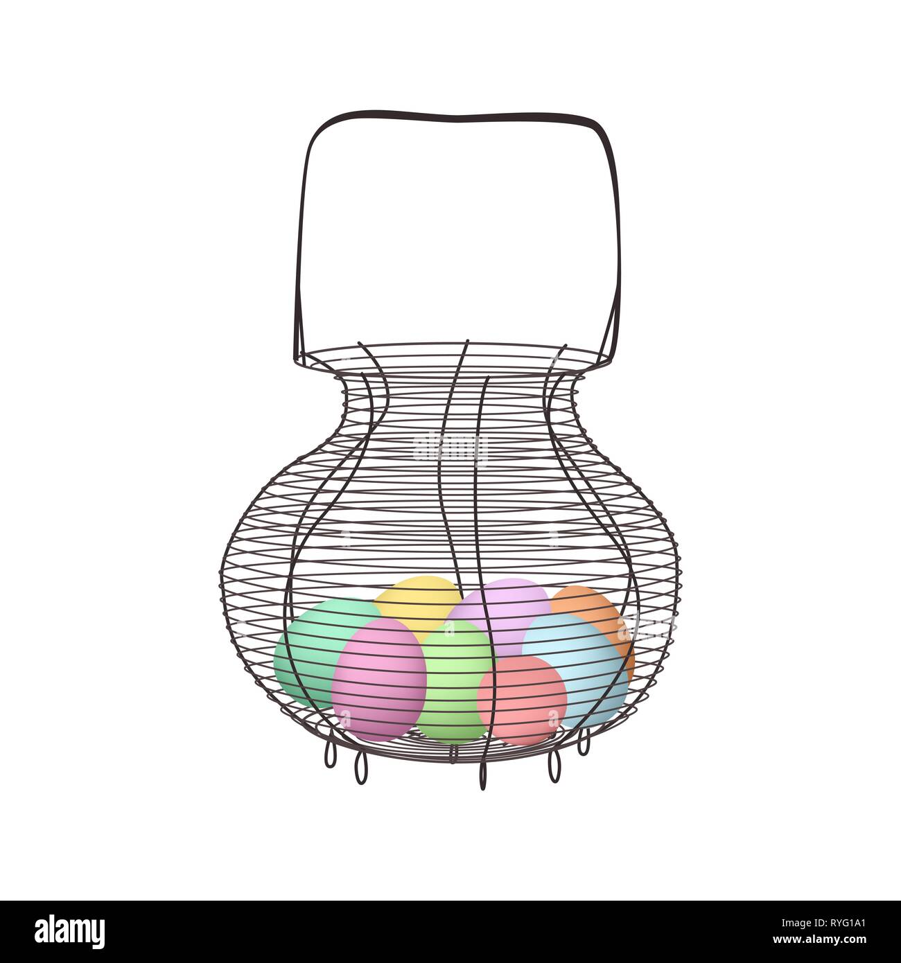 vintage Wicker basket with easter eggs and handle, wicker for food and picnic. Stock Vector