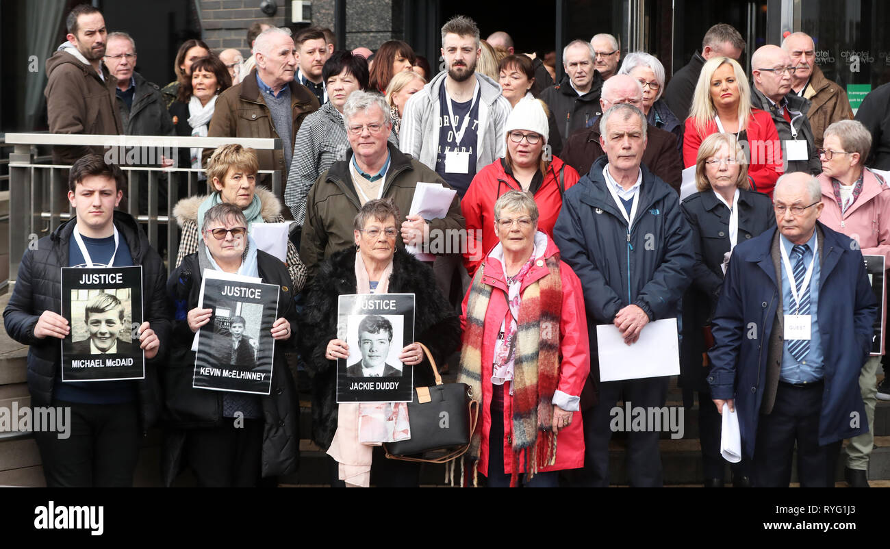 Relatives of those who died on Bloody Sunday leaving a briefing with DPP Stephen Herron at the City Hotel Londonderry, Northern Ireland, after the announcement from the Public Prosecution Service that one former paratrooper, soldier F is to be charged with two murders and four attempted murders during Bloody Sunday in Londonderry in 1972. Stock Photo