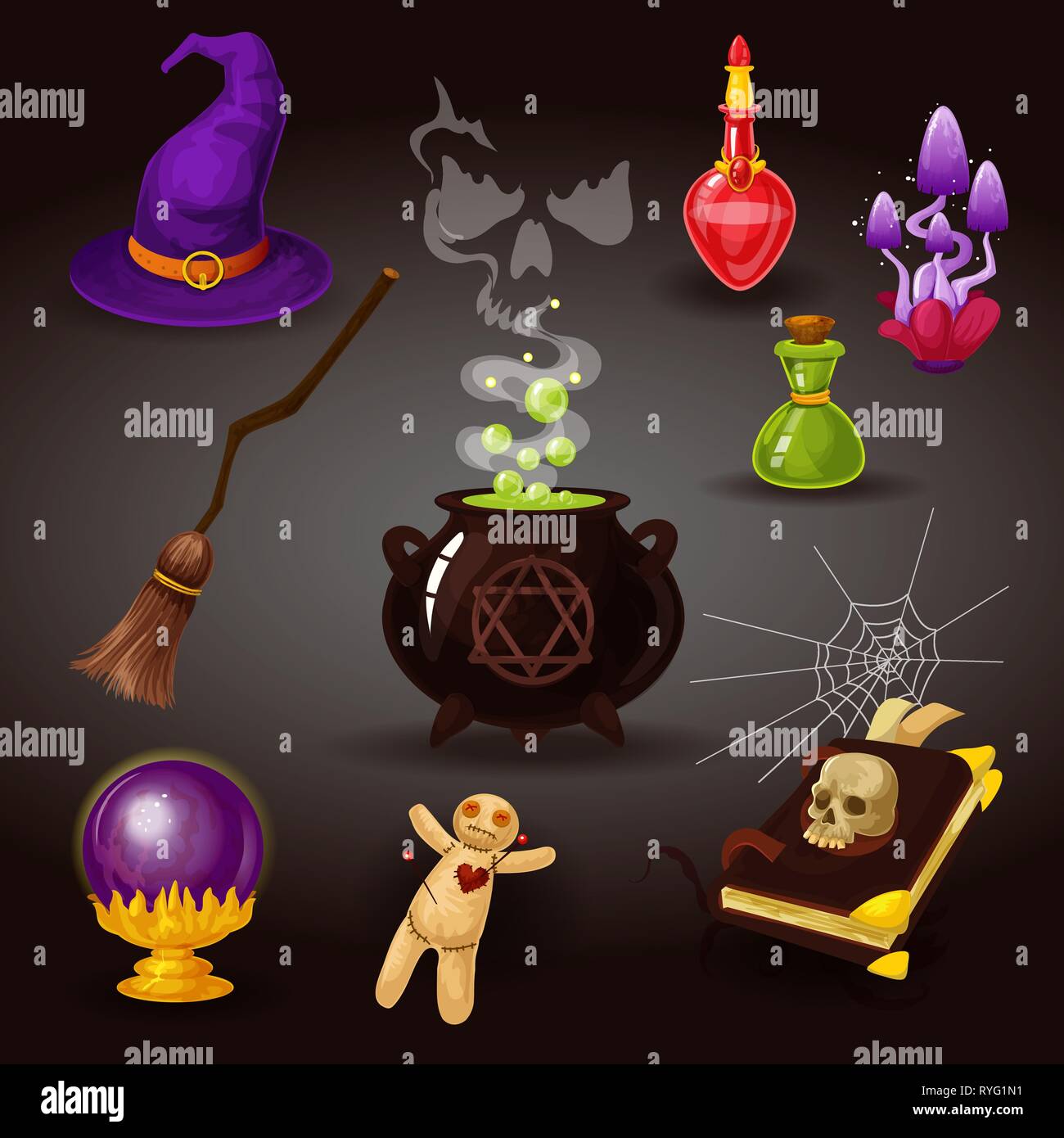 Helloween party or witchcraft, wizard items. Stock Vector