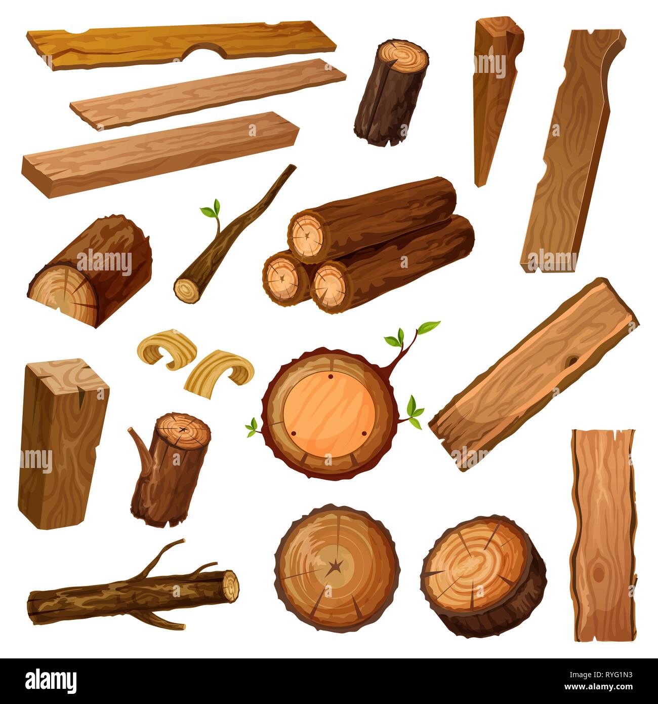 Wooden chips and bark, timber and stum. Wood Stock Vector
