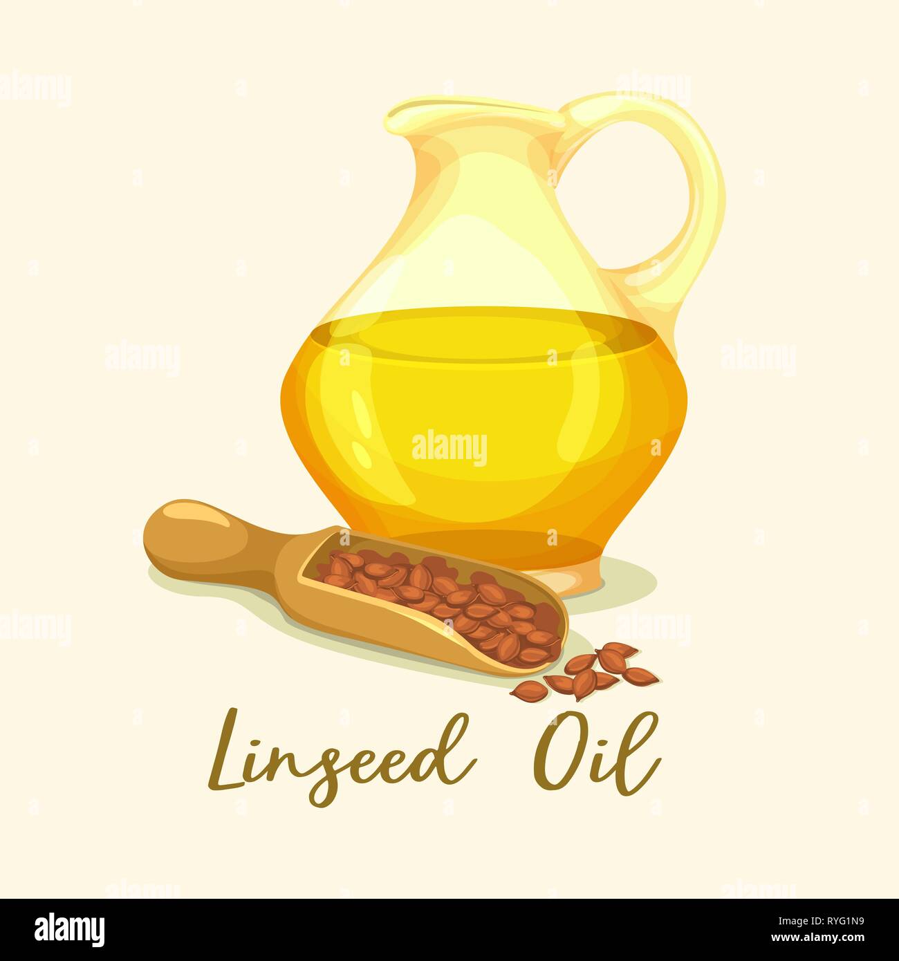 Linseed or flaxseed,flax oil in bottle near grains Stock Vector
