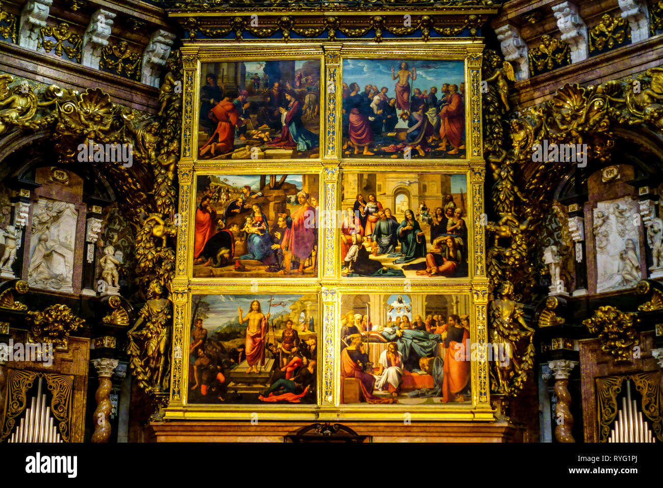 Valencia Spain Cathedral altarpiece painting Valencia Cathedral Interior Main Altar Middle Ages Gothic Art Stock Photo