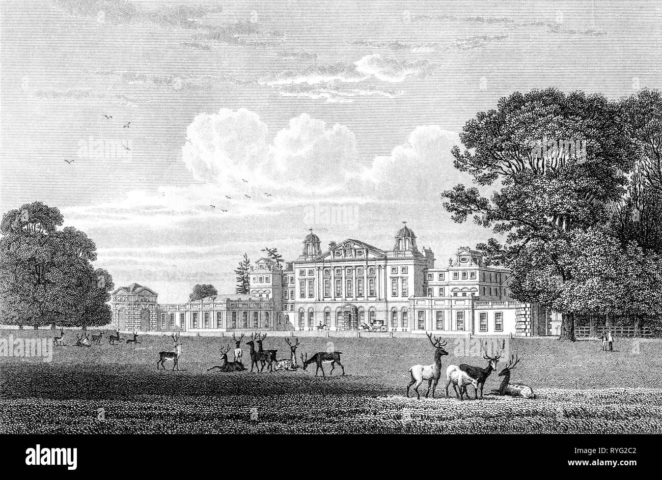 An engraving of Badminton House the Seat of the Duke of Beaufort, South Gloucestershire UK scanned at high resolution from a book published in 1825. Stock Photo