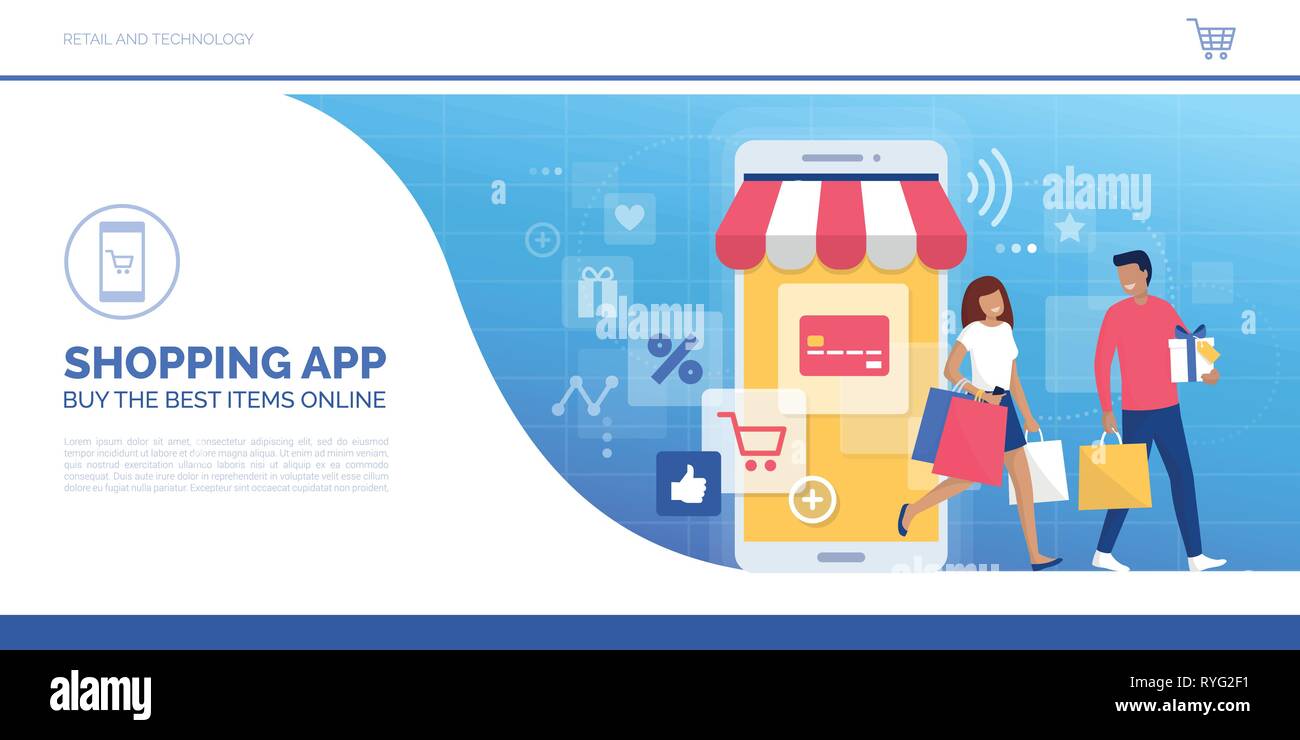 Happy couple doing online shopping together and carrying shopping bags, they used a retail app on a smartphone and purchased goods in a virtual store Stock Vector