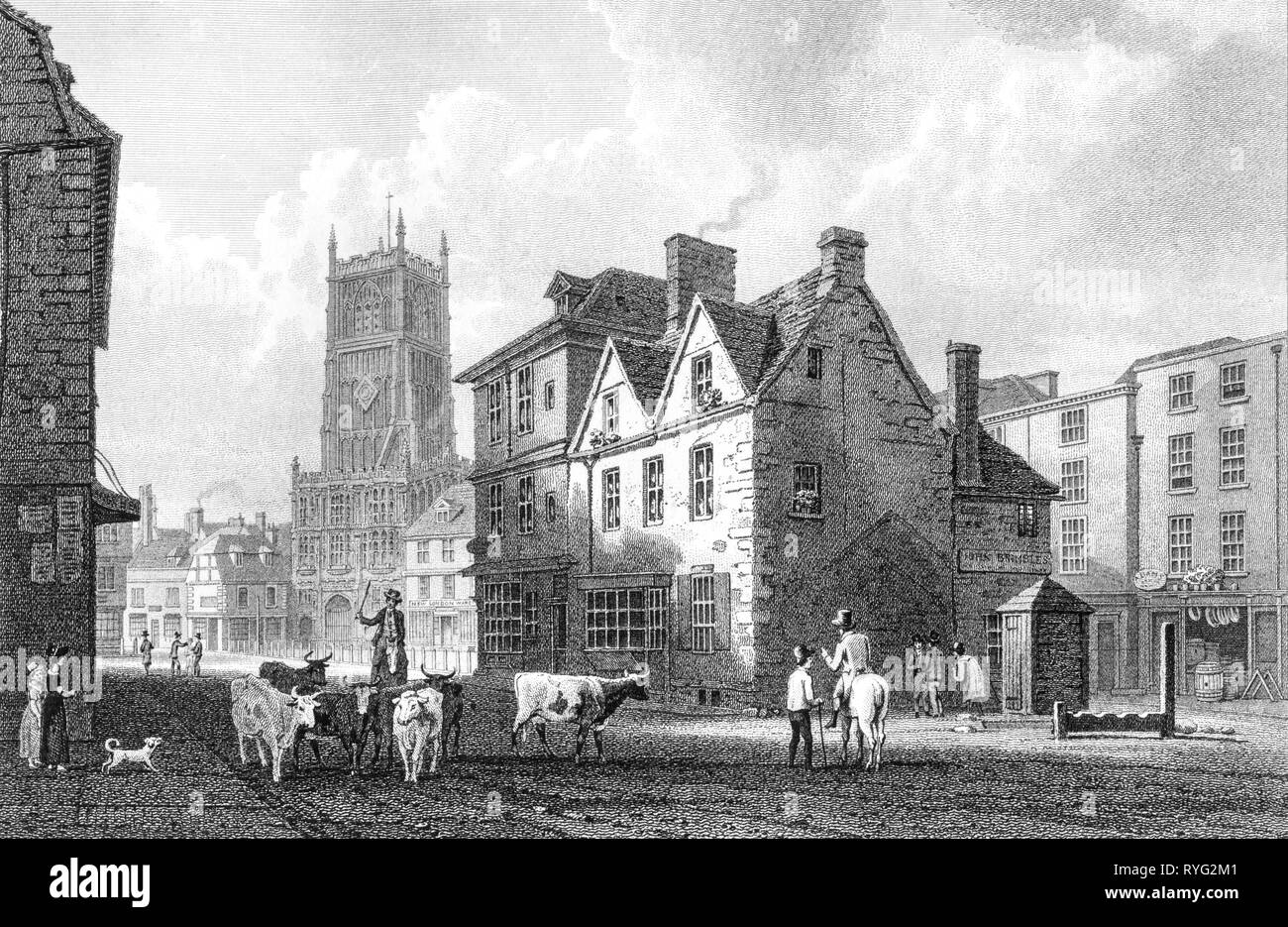An engraving of Cirencester, Gloucestershire UK scanned at high resolution from a book published in 1825.  Believed copyright free. Stock Photo