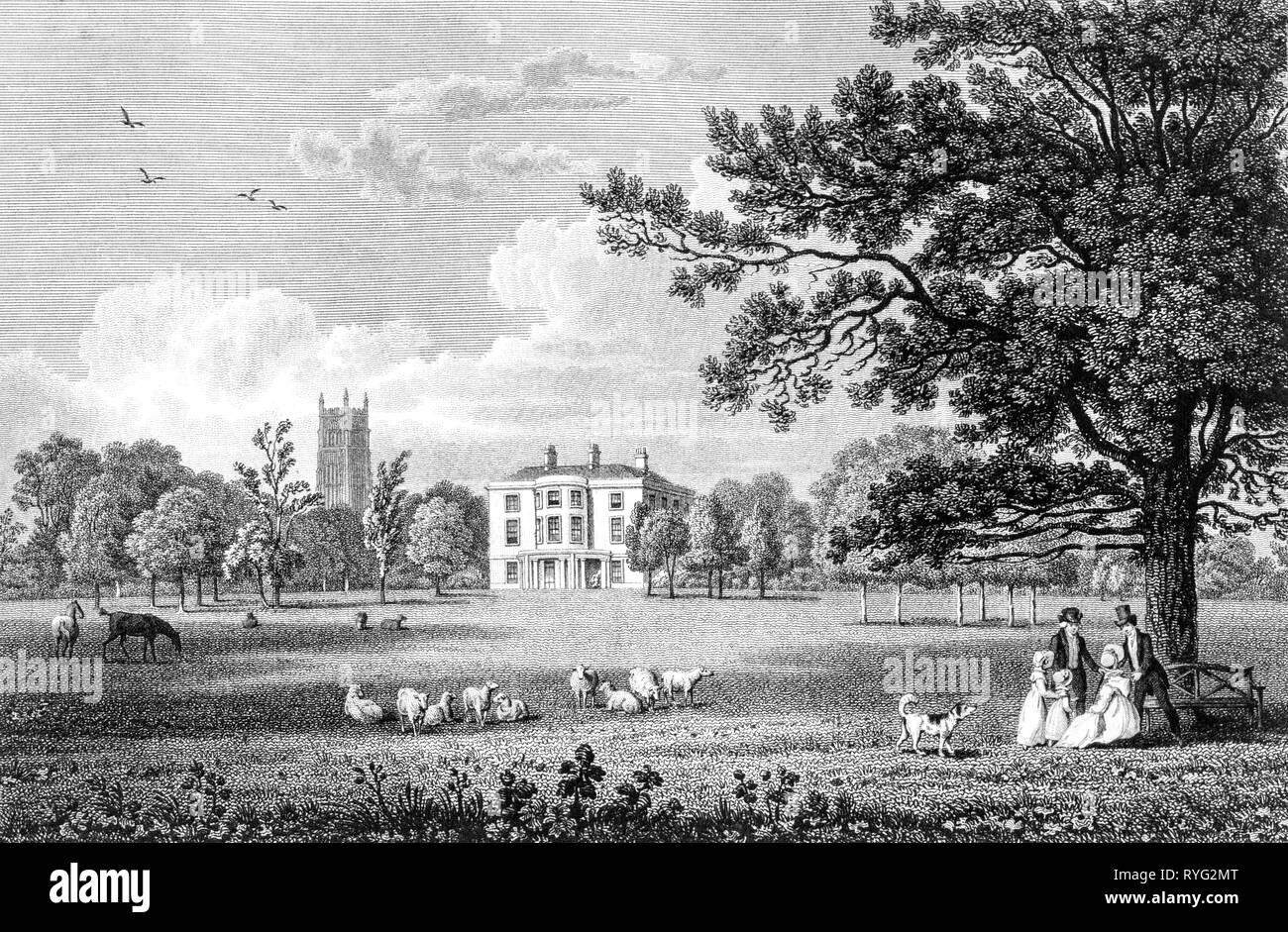 An engraving of The Abbey House the Seat of Miss Master, Cirencester, Gloucestershire UK scanned at high resolution from a book published in 1825. Stock Photo