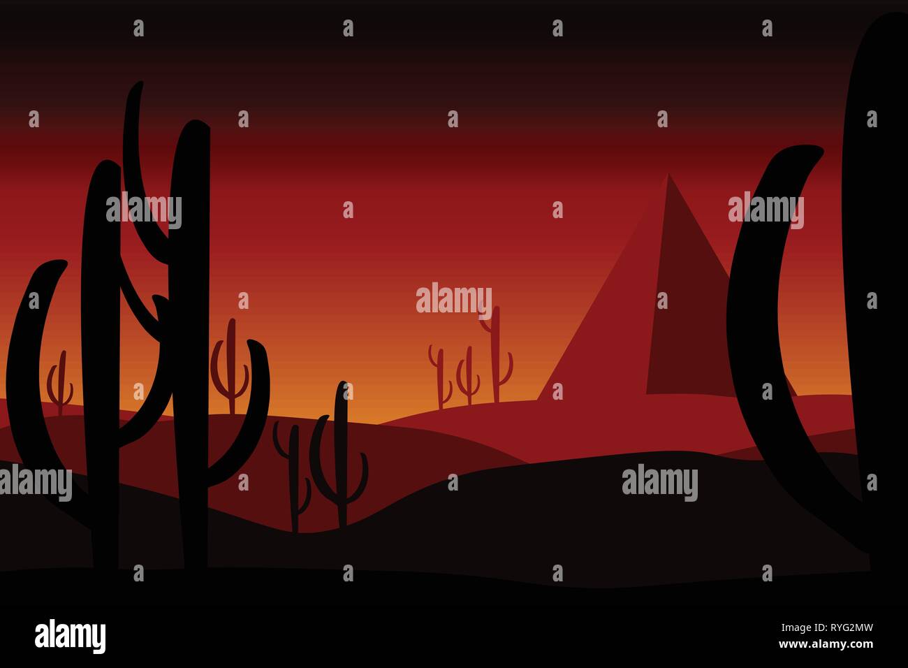 Desert concept - sunshine, cactuses, sand dunes and pyramids - editable layered illustration Stock Vector