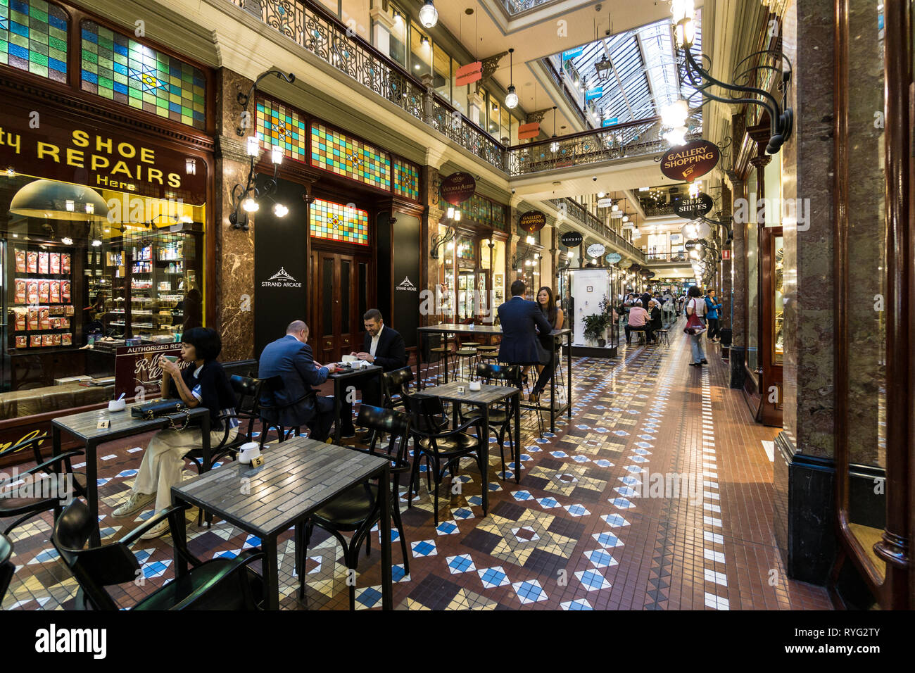 Sydney, Australia - May 6 2018: Interior view of the famous Victorian style Strand Arcade, an historic luxury shopping and dining gallery in the heart Stock Photo