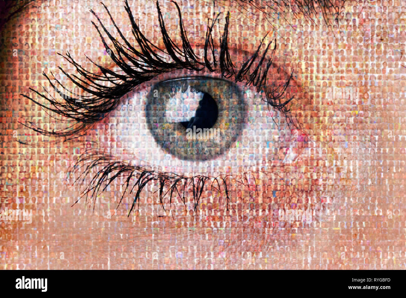 female eye composite with thousands of human faces, social media and big brother observing our lives, concept Stock Photo