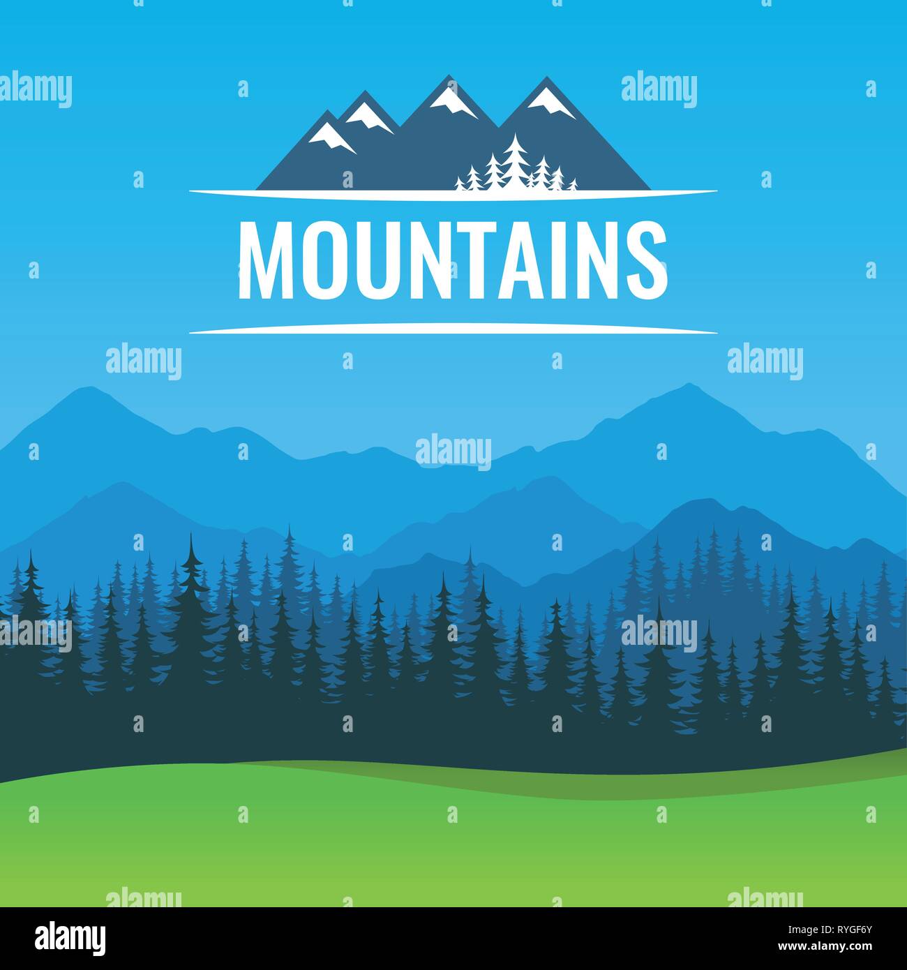 Poster with scenic landscape of Forest and Mountains at sunny day - Vector illustration with Header Badge symbol. Stock Vector