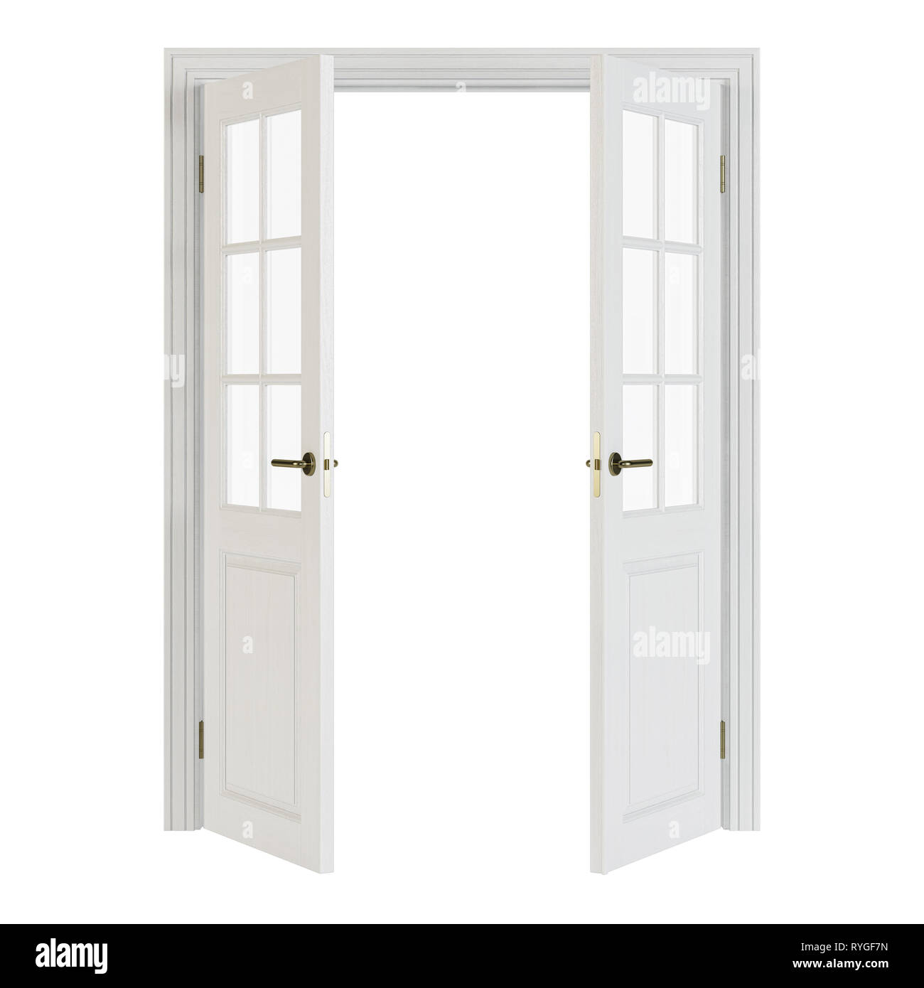 Double-leaf doors with glass. Interior doors isolated on white background. 3D rendering. Stock Photo