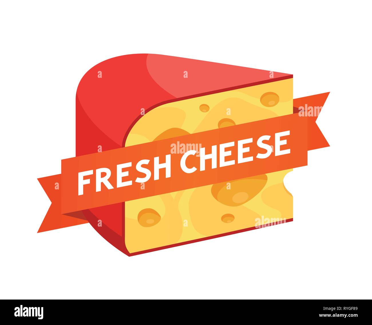 Logotype for Cheese Shop - Triangle Piece of a fresh Cheese with ribbon and caption. Stock Vector