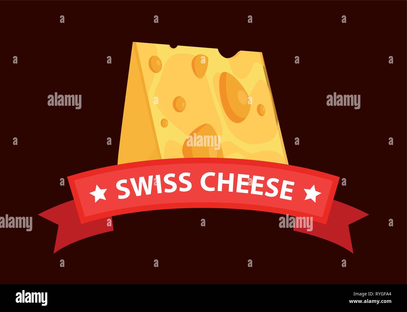Swiss Cheese Maasdam and red ribbon with caption - colorful cartoon emblem illustration of dairy product Stock Vector
