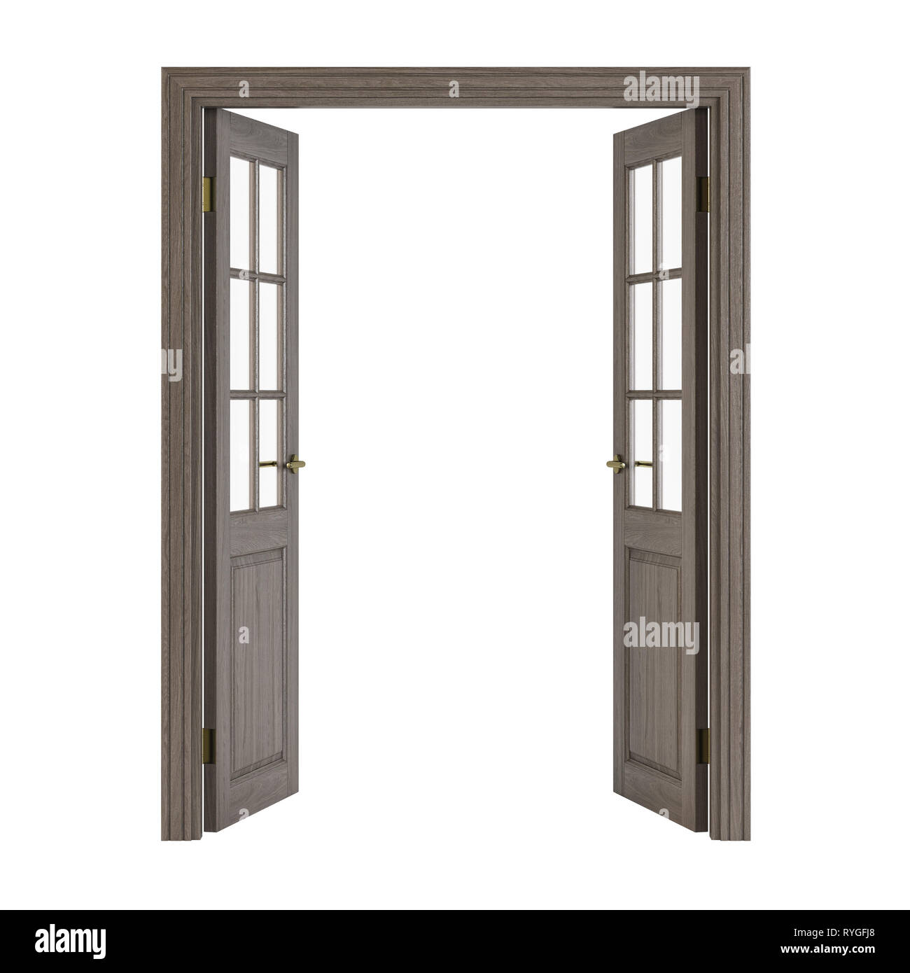 Double-leaf doors with glass. Interior doors isolated on white background. 3D rendering. Stock Photo