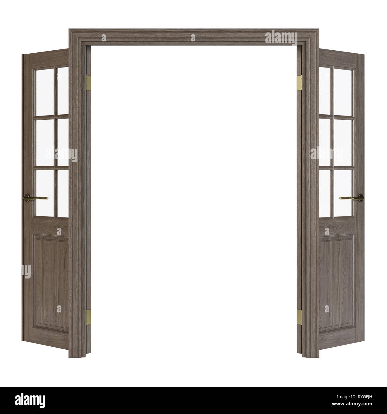 Double-leaf doors with glass. Interior doors isolated on white background. 3D rendering. Stock Photo