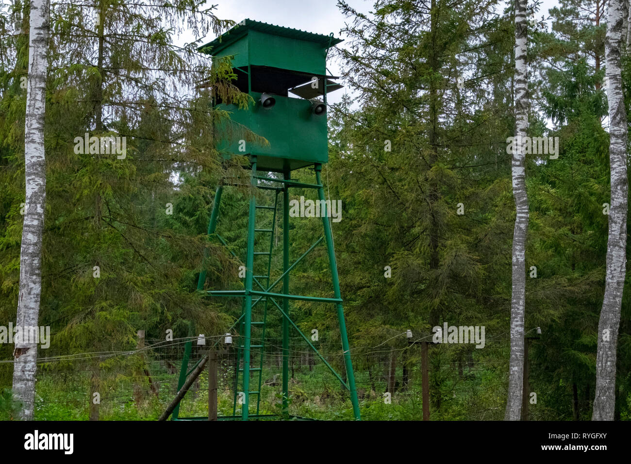 Salvaged guard tower in Lithuania dating  from the time of the former Soviet Union and utilized along its borders to prevent crossings Stock Photo