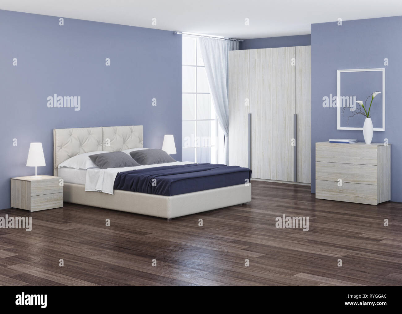 Bedroom interior design. Bedroom in blue tones. 3D rendering Stock ...