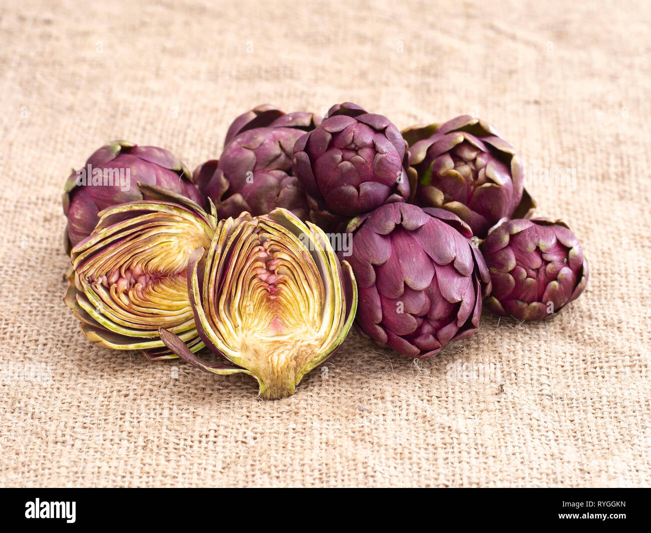 Raw artichokes, Mediterranean vegetable, uncooked on rustic hessian. One cut open to see inside. Stock Photo