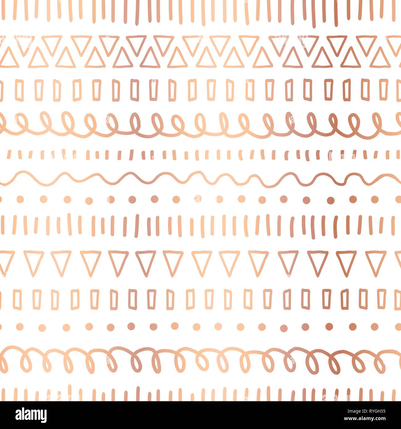 Rose Gold foil doodles seamless vector pattern. Copper Ethnic tribal motifs. Hand drawn metallic strokes, lines, triangles repeating background. Party Stock Vector