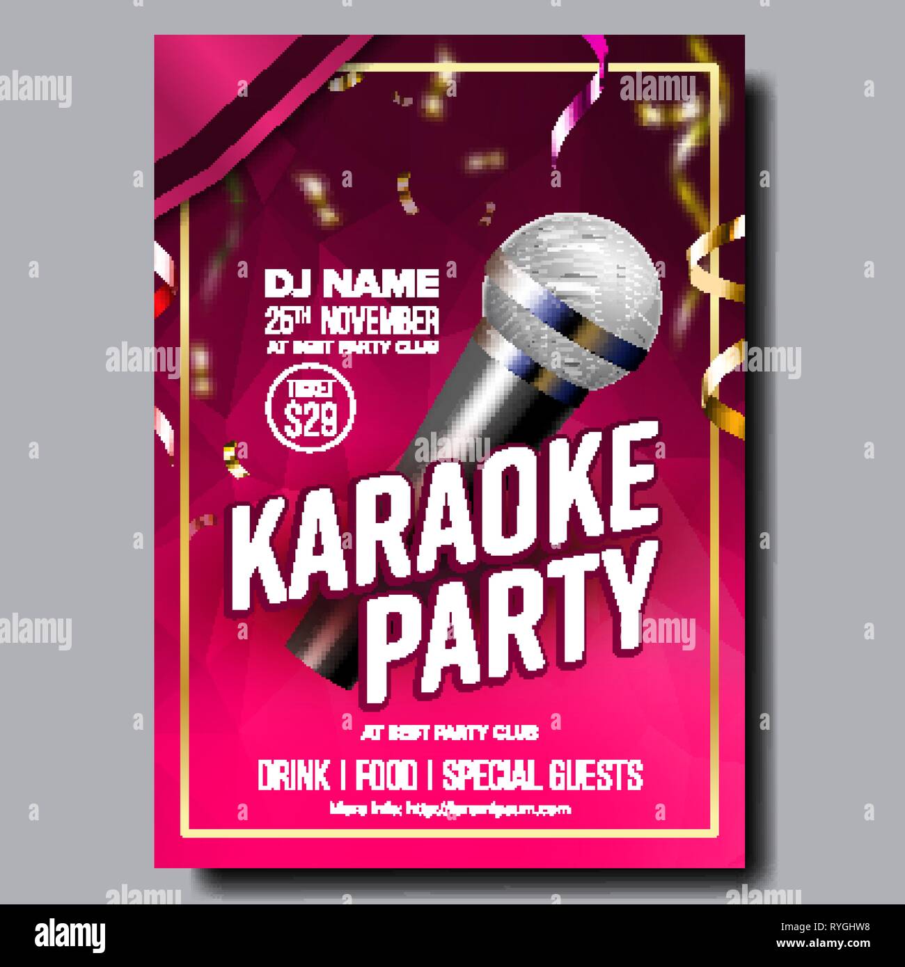 Karaoke Poster Vector. Club Background. Mic Design. Karaoke Disco Banner. Voice Equipment. Sing Song. Dance Event. Festival Concept. Live Singer Stock Vector