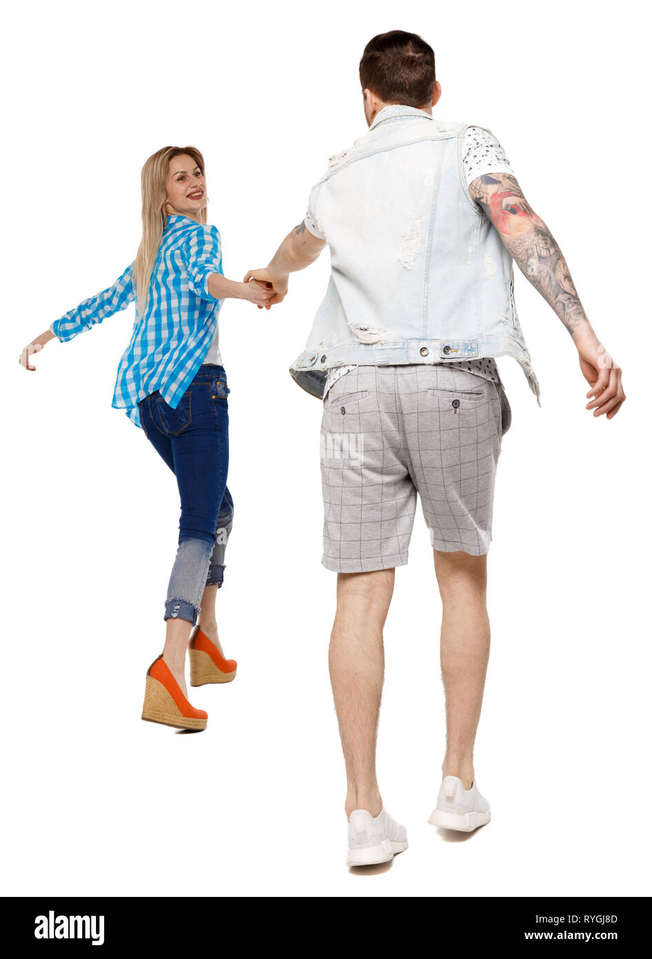 Back view of going couple. walking friendly girl and guy holding hands.  Rear view people collection. backside view of person. Isolated over white  back Stock Photo - Alamy, image size:945x1390