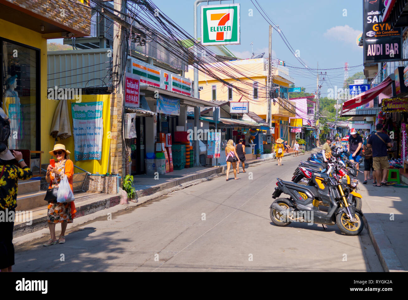 Moo 4, the main road, between pier and Sai Kaew Beach, Ko Samet, Thailand Stock Photo