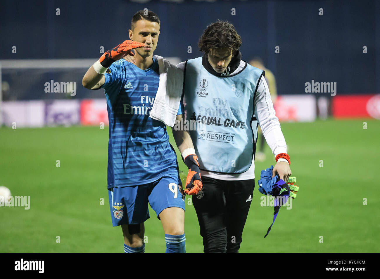 Zagreb, Croatia. 07th Mar, 2019. Benfica goalkeeper Odisseas Vlachodimos leaves the field during the first match of the eighth finals Uefa Europa Leag Stock Photo