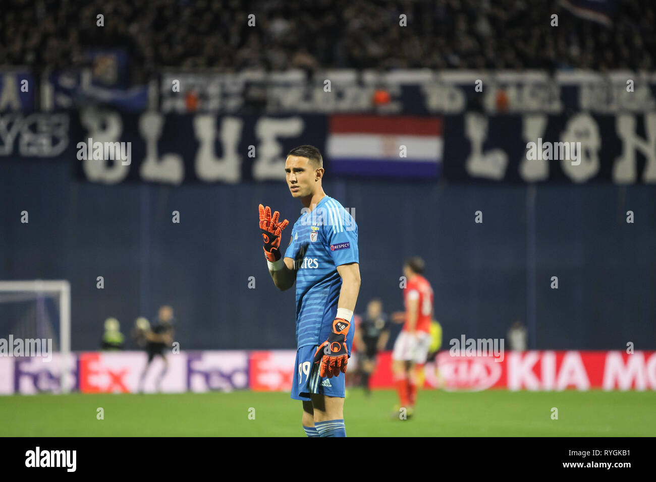Zagreb, Croatia. 07th Mar, 2019. Benfica goalkeeper Odisseas Vlachodimos during the first match of the eighth finals Uefa Europa League between Dinamo Stock Photo