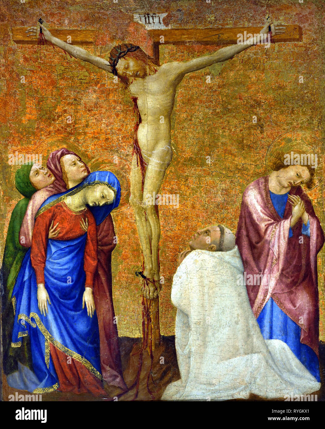 The Crucifixion with a Carthusian Monk, 1389 -1395, Jean de BEAUMETZ,  documented, from 1361 – 1396 France, French. ( Painted for the cells of the monks and the prior at the Charterhouse of Champmol, near Dijon, and commissioned by the Duc de Bourgogne, Philippe le Hardi. ) Stock Photo