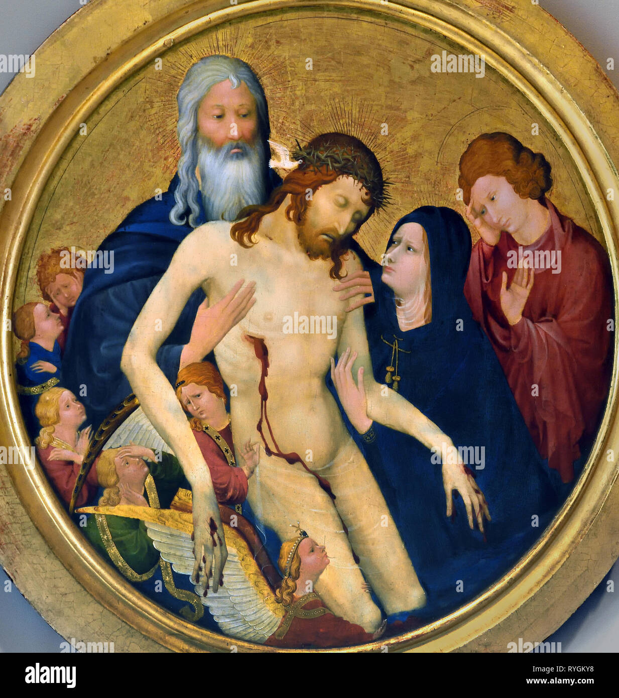 Pietà 1400 by  Jean MALOUEL 1365 – 1415  France, French, Dutch The Netherlands. ( Painted for Philippe le Hardi, Duc de Bourgogne (1363–1404), This 'Pity' combines the theme of the Man of Sorrows with the Trinity.) Stock Photo