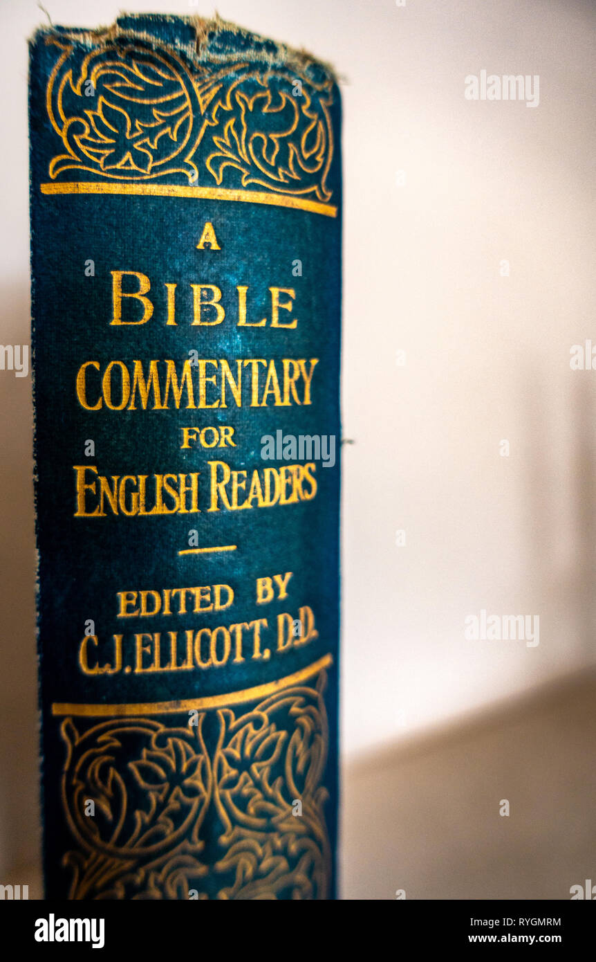Close Up Of The Book Spine On An Antique Book Of Bible Commentary For English Readers Book By C